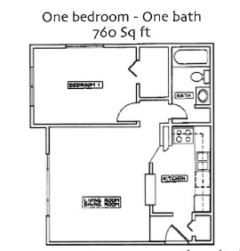 Floor plan for 1 bed, 1 bath, 760 sqft